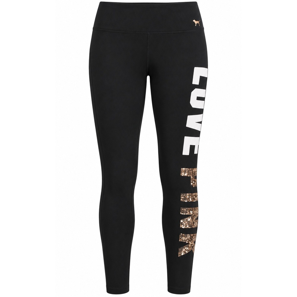 Victoria's Secret PINK Yoga Leggings Large Black Rose Gold Sequin Logo Pants